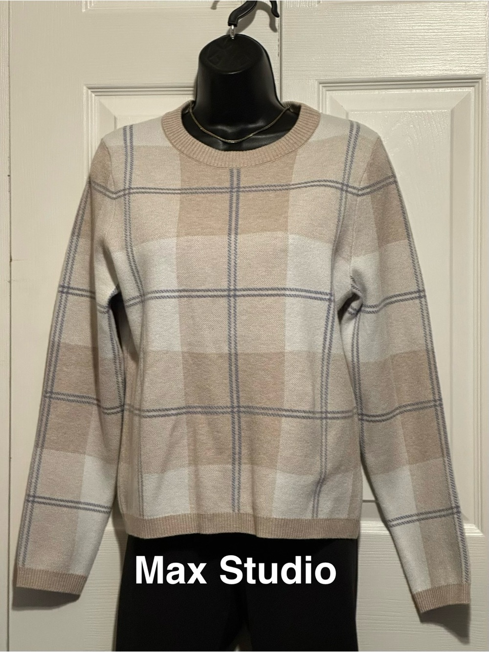 Max Studio | Tan & Cream Windowpane Soft Crewneck Sweater - Women’s Large